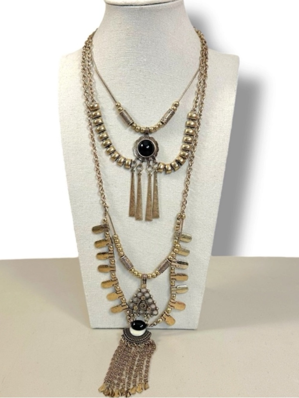 Free People Bring It Home Layered Necklace Gold Black Statement Bohemian Witchy